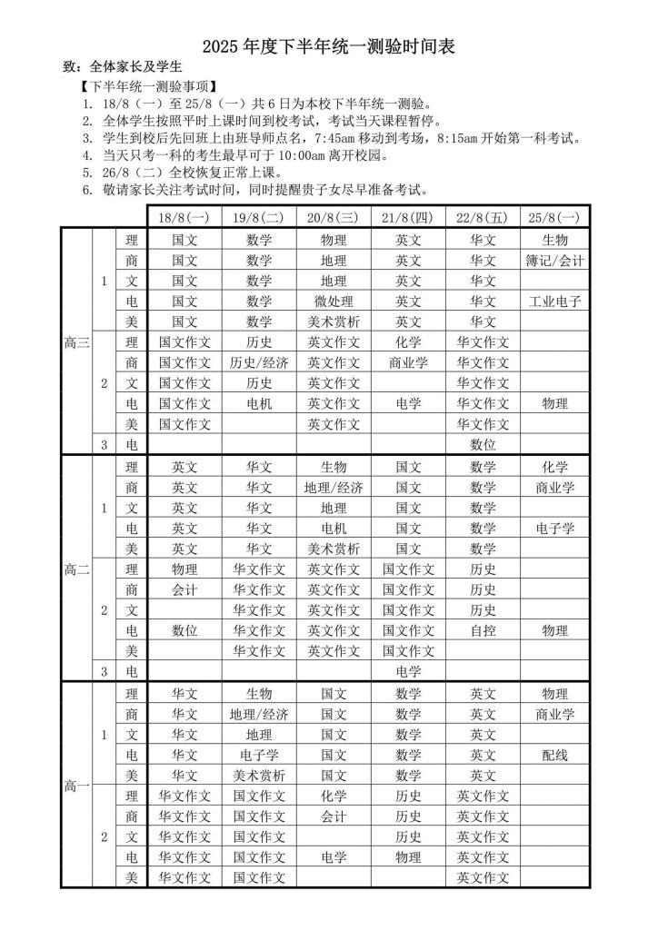 【2025下半年统一测验考试时间】