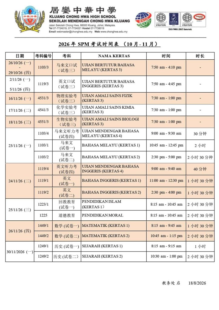 2026年 SPM 考试时间表 （銮中考科）